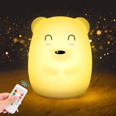 Immagine di Luce Notturna Bambini, 9 Colori 3 Modalità Lampada per Silicone Neonato, con Timer, Telecomando e USB Ricaricabile, Bambini Cameretta Regalo Neonato(Forma di Orso)