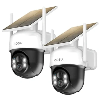 Immagine di AOSU 2 Confezioni Telecamera Wi fi Esterno Senza Fili Batteria di Sicurezza Esterna, Pannello Solare Fisso, 3MP 2K HD, 360 Gradi PTZ, Visione Notturna a Colori, Allarme Luminoso e Sonoro