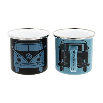 Immagine di Brisa VW Collection Volkswagen Set di 2 tazze in metallo smaltato da tè, caffè, latte, cappuccino, Campervan Bus T1 design 350 ml x2 (Nero &amp; Azzurro Scuro)