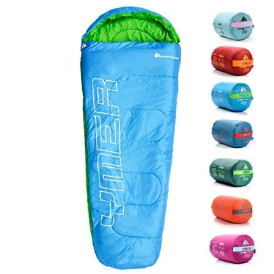 Immagine di meteor Sacco a Pelo Mummia Ideale per Bambini Campeggio Viaggio Escursioni Trekking Albergo Treno leggero Compatto Confortevole con Compressione YMER ((130 + 25) x 60/40 cm, Blu/verde)