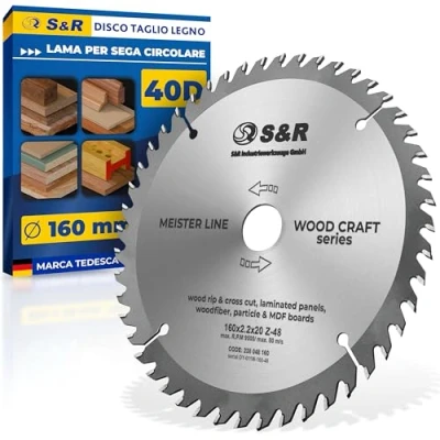 Immagine di S&amp;R Lama sega circolare legno 160x20mm 48 Denti. Disco per (16 mm + anello) x2,2mm denti, compatibile con a immersione e Bosch Makita.