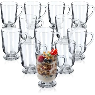 Immagine di KADAX Bicchieri da Caffè in Vetro Trasparente, Tazze Eleganti con Manico e Piede per Cioccolata Calda, Cappuccino Irish Coffee (Set di 12, 300 ml)