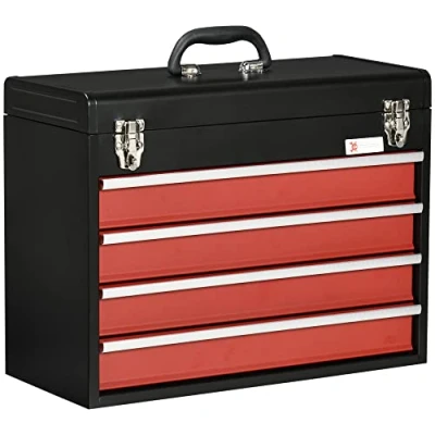 Immagine di DURHAND Cassetta Porta Attrezzi in Acciaio, Valigetta Vuota con 4 Cassetti e Vassoio Superiore a Doppia Serratura, 51x22x39.5 cm, Rosso Nero