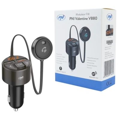 Immagine di Modulatore PNI Valentine V880 FM con microfono, Bluetooth 5.0, lettore MP3, trasmettitore FM, doppia porta USB, dispositivi mobili a ricarica rapida via QC3.0, compatibile Siri e Google Assistant