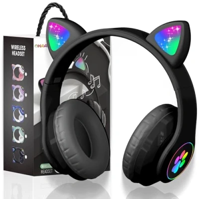 Immagine di Cuffie wireless Bluetooth per bambini, pieghevoli, ragazze, con orecchie di gatto audio senza fili 5.0, tablet/cellulare/PC viola (nero2)