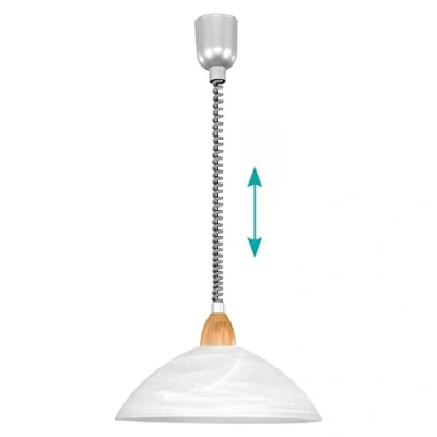 Immagine di Eglo Lord 2 Lampadario, lampada a sospensione 1 luce regolabile in altezza, lampadario classico, vetro alabastro bianco, plastica colore argento e legno, attacco E27