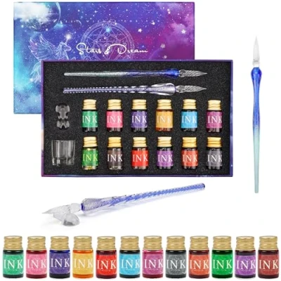Immagine di BELLE VOUS Set Penne Calligrafiche 16 Pezzi, con Supporto, Flaconi d’Inchiostro e Fiala Vuota 2 da Scrittura a Inchiostro Per Principianti Adulti 12 Inchiostri 7 ml Colori Diversi
