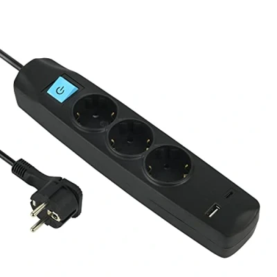 Immagine di Electraline 62164 Ciabatta elettrica A 3 prese Schuko con interruttore + 2 USB 3.4A 17W (1 tipo 1 C), cavo 1,5 m, presa multipla, da tavolo, spina extra piatta
