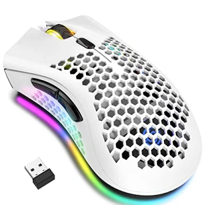 Immagine di mouse da gioco senza fili, per computer con guscio a nido d&#039;ape, 7 tasti programmati, 3 DPI regolabili, ricevitore USB, portatile, ergonomico RGB ottico laptop PC/Mac, nero (bianco)
