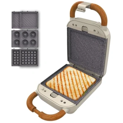 Immagine di Cecotec Tostiera Rock&#039;Ntoast Retro One Beige. Tre Piastre Intercambiabili, Design Retrò, Rivestimento Rockstone, 700W, Indicatore Luminoso, Base Antiscivolo, Manico Freddo, Clip Chiusura