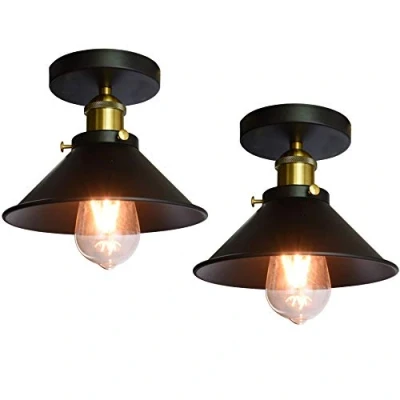 Immagine di iDEGU 2 Pezzi Lampade da Soffitto Vintage Design Industriale Plafoniere Illuminazione Interni E27 Lampada Retrò Lampadario a Sospensione per Cucina Corridoio Loft Ristorante, 22CM (Nero)