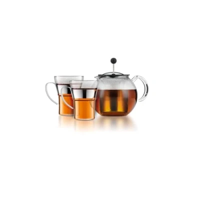 Immagine di BODUM K1801 16CAR ASSAM SET Teiera a pistone, coperchio e filtro in acciaio inox, 1,0 l, con 2 tazze vetro manico 0,35 l