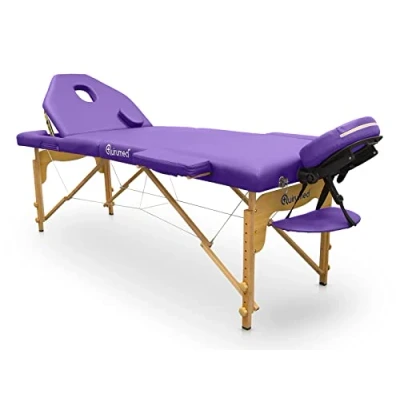 Immagine di QUIRUMED Lettino pieghevole in legno Pro, 194 x 70 cm, con schienale ribaltabile, colore viola, ecopelle, foro viso, testa rimovibile, altezza regolabile, fino a 150 kg