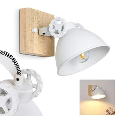 Immagine di lampada da parete Svanfolk, in metallo e legno bianco/natura, 1 luce, con faretto regolabile, attacco E14, design retro/vintage, senza lampadina/e