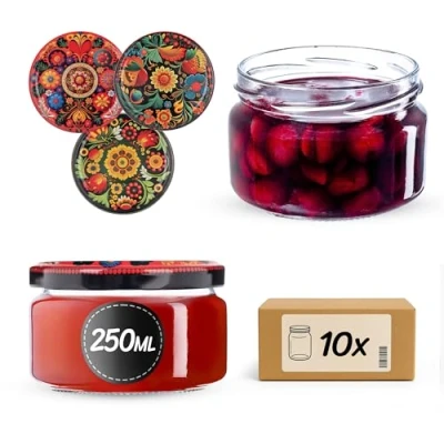 Immagine di KADAX Piccoli vasetti per conserve da 250 ml, con coperchio, ermetici regalare, mini miele e spezie (fiori colorati, 10 pezzi)