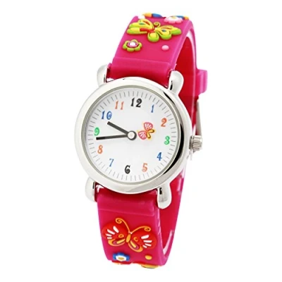 Immagine di ele ELEOPTION Orologio per bambini Impermeabile 3D Simpatico cartone animato Quadrante rotondo da polso in gomma siliconica Regalo bambine, Farfalla, Rose