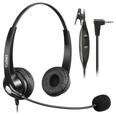 Immagine di Callez Cuffie 2,5 mm Dual con Microfono a Cancellazione del Rumore, Controllo Volume, Auricolare Call Center per Telefono Fisso Cordless DECT Gigaset Panasonic Cisco Polycom