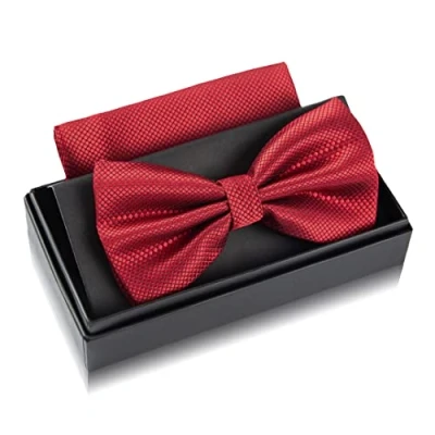 Immagine di Papillon rosso vino con fazzoletto per uomo Set da matrimonio regolabile in bordeaux