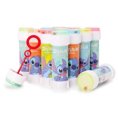 Immagine di Toyland® Confezione da 12 bolle con bacchette, soluzione 60 ml e coperchio labirinto originale Giocattoli per soldi tasca sacchetti feste (Stitch)
