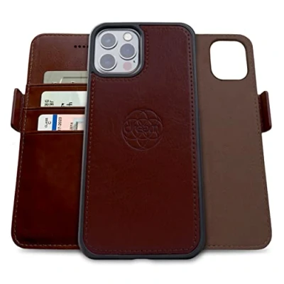 Immagine di dreem Fibonacci compatibile con iPhone 13 Pro Max custodia a portafoglio/custodia antiurto 2 in 1 e folio pelle vegana staccabile, MagSafe, protezione RFID [Caffè]