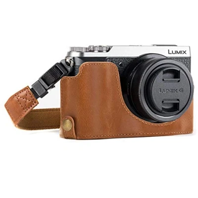 Immagine di MegaGear Panasonic Lumix DMC GX85, GX80 Ever Ready Custodia metà copertura in finta pelle per Fotocamera con Tracolla Marrone chiaro MG974
