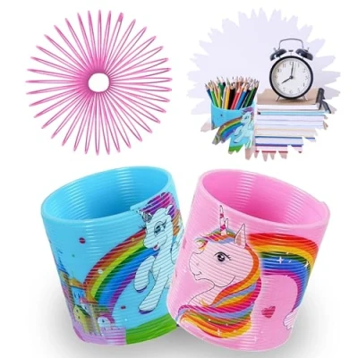 Immagine di 2 giocattoli a molla magica forma di unicorno, molle magiche arcobaleno in plastica multicolore, divertimento primaverile per bambini, dimensioni 6,5 cm (2 (1 blu, 1 rosa))