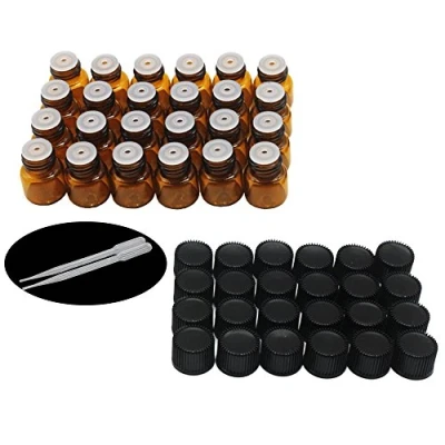 Immagine di Yizhao Essential Oil 1ml Amber Sample Glass Bottle, Samll Vials Empty for Diffuser,Massage,Beauty Mix,Lab bottle with [Orifice Reducers] 24 Pcs