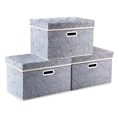 Immagine di Prandom Scatole pieghevoli con coperchio, confezione da 3 pezzi, in tessuto, per riporre oggetti, cubi, contenitori coperchio e maniglie, divisorio camera letto, armadio, 38 x 25 cm