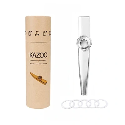 Immagine di Alnicov Kazoo in metallo, lega di alluminio, con 5 diaframmi per flauto e una bella scatola, accompagnare strumenti musicali, ukulele, chitarra (argento)