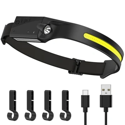 Immagine di Ambienden Lampada Frontale LED Super Luminosa, Torcia Ricaricabile USB C, 4 Modalità, 350 Lumen, Sensore Movimento, Luce Per Corsa, Pesca, Campeggio