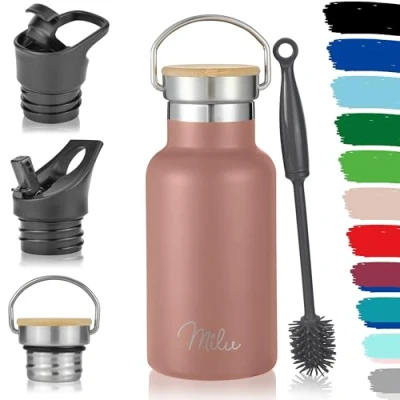 Immagine di Milu Borraccia in acciaio inox, 350 ml, 500 750 1000 ml (+3 coperchi), thermos con cannuccia, bottiglia isolata, a prova di perdite, doppia parete (Oro rosa, ml)