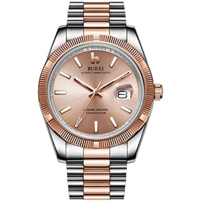 Immagine di BUREI quarzo uomo orologi di analogico data orologio da polso in vetro zaffiro con lente a due toni acciaio inox banda (Argento + Rosa)