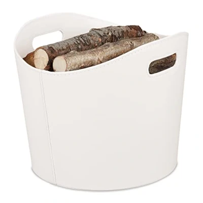 Immagine di Relaxdays Cesta Portalegna in Similpelle, con Manici, Utilizzo Versatile, Trasportabile, HD: 32 x 38 cm, Bianco Crema, 1 pz
