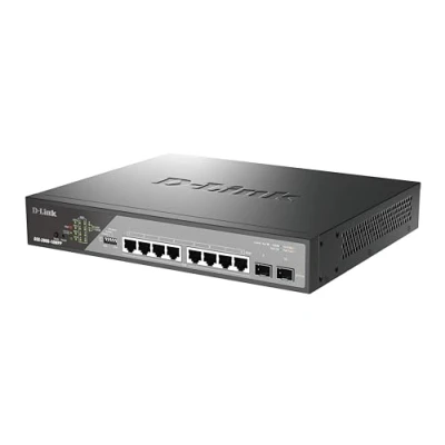 Immagine di D Link DSS 200G 10MPP Smart Switch Gigabit PoE++ per la videosorveglianza 10 Porte, con 8 porte PoE+ 1000BASE T e 2 SFP, 802.3af/at/bt, budget PoE 242W, estensione 250 m, senza ventola, ONVIF