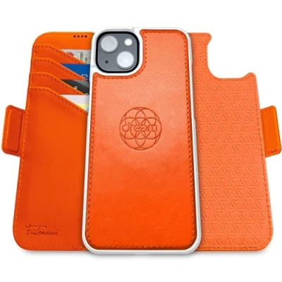 Immagine di dreem Fibonacci compatibile con iPhone 15 Plus custodia a portafoglio/custodia antiurto 2 in 1 e folio pelle vegana staccabile, MagSafe, protezione RFID [Arancione]