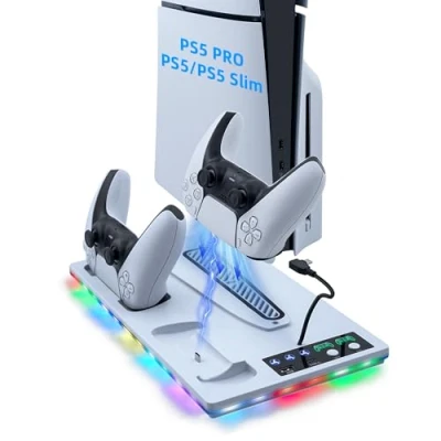 Immagine di Tolesum Verticale Supporto con Raffreddamento per PS5/PS5 Slim, di Ricarica Doppio Controller PS5 USB/Ventola a 3 Livelli/luce RGB UHD&amp; Digital /PS5 Slim Disc &amp;