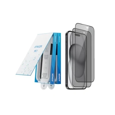 Immagine di Anker Confezione da 2 Pellicole di vetro temperato Easy Fit per iPhone 15 Plus, installazione facile e veloce, 8K Ultra HD, durezza 9H, resistente ai graffi agli urti, garanzia 12 mesi.