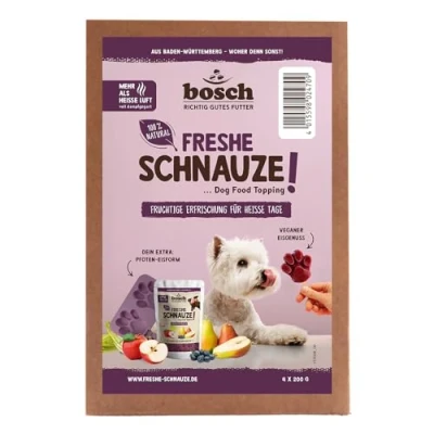 Immagine di Bosch Freshe Schnauze Pacchetto azione frutta 4 x 200 g + stampo per ghiaccio cani condimento cibo adatto secco e umido con mele fresche, pere mirtilli