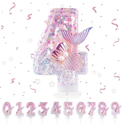 Immagine di candele di compleanno con numeri 4,3D, sirene rosa, 4, decorazione per torte, compleanni, decorazioni