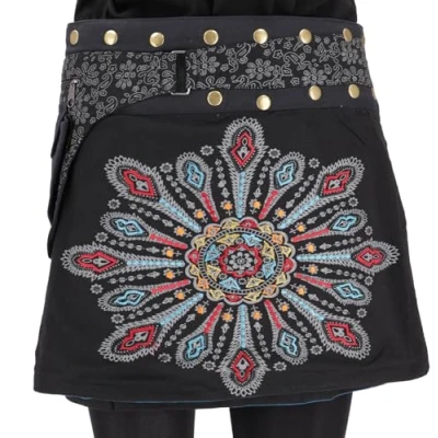 Immagine di Guru Shop, Gonna a Portafoglio, Corta Ricamata Goa, Cacheur, Nero/Grigio, Cotone, Dimensione Indumenti:One Size, Gonne/Short