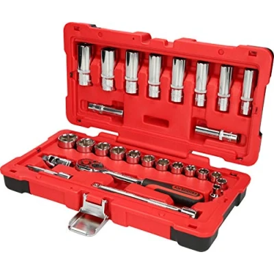 Immagine di KS Tools, Chiave a bussola + esagonale, Set di prese 3/8&quot; CHROMEplus, 27 pezzi, trazione laterale (24 mm, 8 10 14 21 23 18 22 11 12 20 19 17 15 13 9 16 mm)