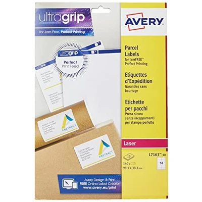 Immagine di Avery etichette autoadesive per indirizzi e mail, stampanti laser, 14 foglio A4, 140 etichette, UltraGrip (L7163), bianco