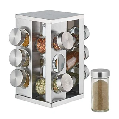 Immagine di Relaxdays Portaspezie Girevole con 12 Barattoli, Organizer Rotante a 360 Salvaspazio, in Acciaio, HxD 22x19 cm, Argento