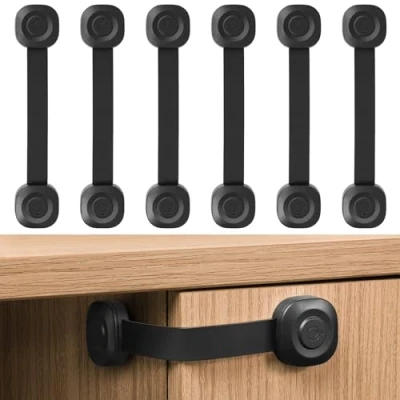Immagine di ECHOCUBE Serrature di sicurezza per cassetti bambini, 6 pezzi regolabili armadi a prova bambino, con cinturino armadi, frigoriferi, WC (nero)