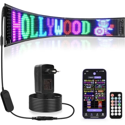 Immagine di Qnoavve Grande targa a LED programmabile, 12 V, flessibile, per interni con telecomando, controllo APP Bluetooth, display personalizzato hotel scolastico