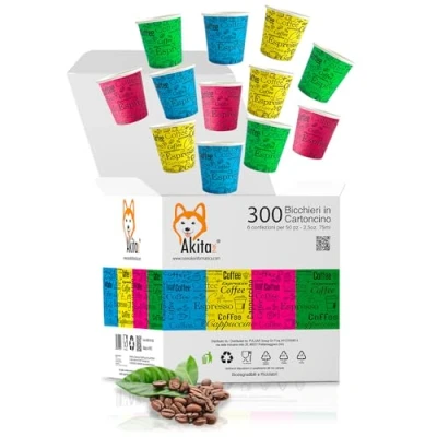 Immagine di AKITAInk 300 bicchierini caffè Carta 75ml Monouso biodegradabili, Bicchieri caffe di Monouso, Usa e Getta Ecologici Biodegradabili Piccoli Asporto Bevande Calde