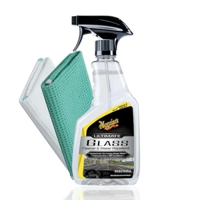 Immagine di Meguiar&#039;s Ultimate Glass Cleaner &amp; Water Repellent + 2 panni per la pulizia del vetro Efficiente detergente vetri con effetto perlato auto