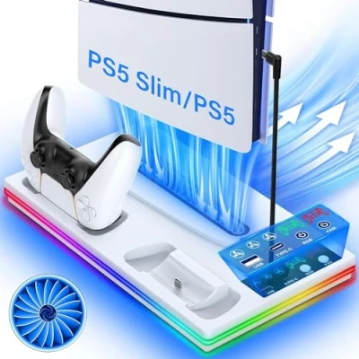 Immagine di 3 in 1 Supporto PS5 con Ricarica Controller e Ventola di Raffreddamento, Verticale per PlayStation 5 Slim Standard Disco/Digitale, Raffreddatore RGB 2 Porte USB