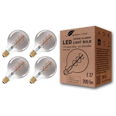 Immagine di greenandco 4x Lampadina a filamento LED Vintage grigio argento E27 G95 5W 200lm 1800K (bianco caldo) 360 230V AC Vetro, nessun sfarfallio, non dimmerabile