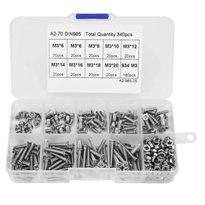 Immagine di Assortimento di viti, 340 Pezzi/Set Viti a Testa Svasata Piatta Croce con Dadi Esagonali M3 Acciaio Inossidabile 304